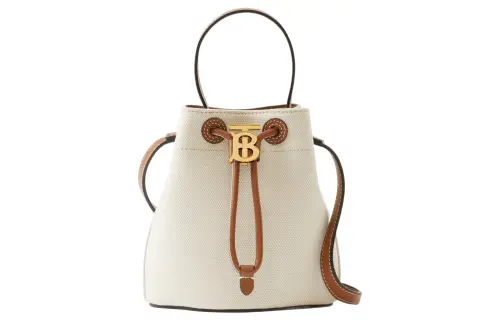 Burberry Leather With Cotton Bucket Bag, Shoulder Bag, Crossbody Bag, Handbag Mini Women's Natural/Malt Brown