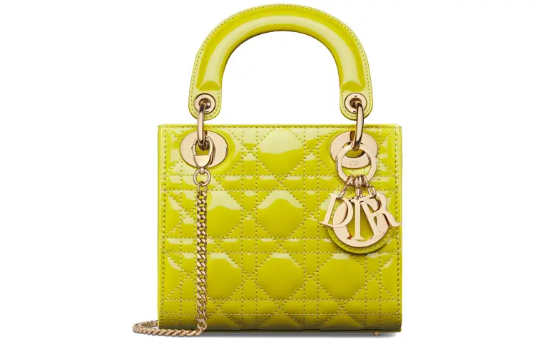 DIOR Lady Dior Patent Leather, Cow Leather Handbag, Shoulder Bag, Crossbody Bag, Handbag Mini Women's Yellow