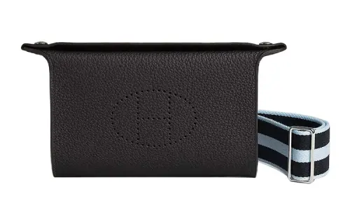 HERMES Videpoches Silver Tone Buckle Togo Calfskin Fanny Pack, Shoulder Bag, Crossbody Bag Men's Black & Mist Blue