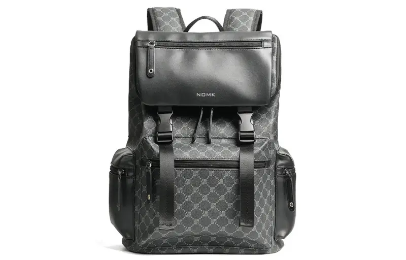 NOMK PU Leather Laptop Bag Backpack Unisex Black Gray