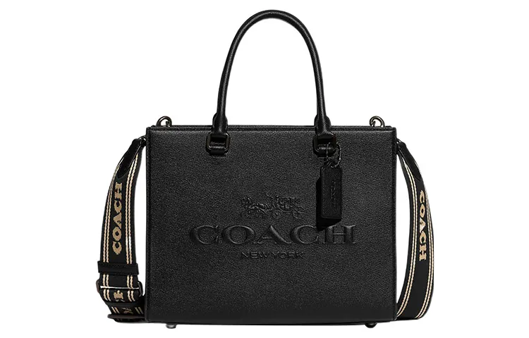 COACH Cross Grain Leather With Canvas Tote Bag, Shopping Bag, Shoulder Bag, Handbag Medium Women's Black