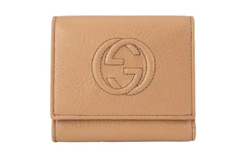 GUCCI Litchi Grain Cow Leather Wallet Women's Apricot