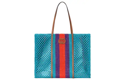 GUCCI Raffia Tote Bag, Shopping Bag, Handbag Medium Women's Light Blue/Orange/Purple