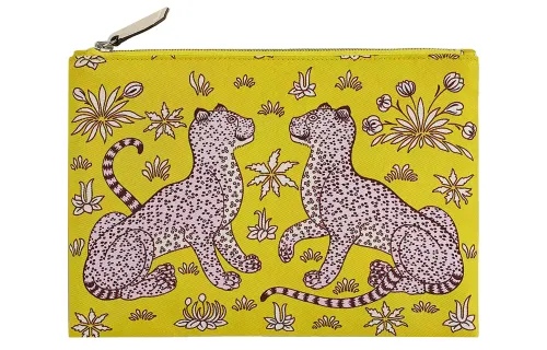 HERMES Silky Pocket Epsom Calfskin Makeup Bag Women's Lemon & Zinnia Purple & Cream White