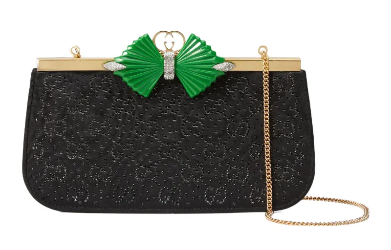 GUCCI Resin Crystal Fabric One Shoulder Crossbody Clutch Women's Black