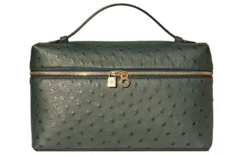 Loro Piana ExtraPocket Ostrich Leather Makeup Bag Small Square Bag Handbag, Shoulder Bag Regular Women's Forest Green