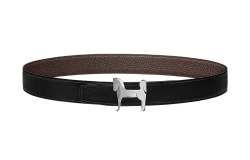 HERMES Panache Metal, Palladium Plated Calfskin Leather Belts Men's Width 3.2cm
