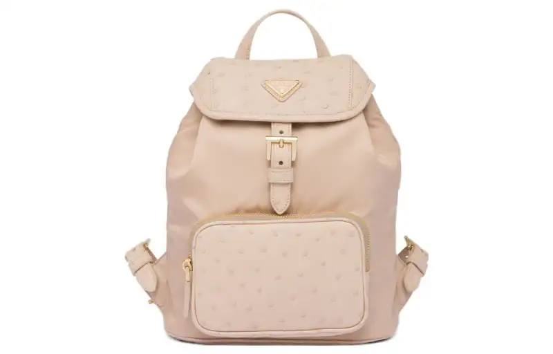PRADA Fabric With Ostrich Leather Backpack Women's Light Camel