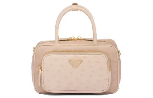 PRADA Recycled Nylon With Ostrich Leather Shoulder Bag, Crossbody Bag, Handbag Women's Light Camel