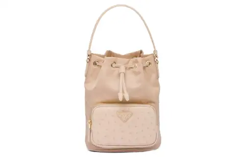 PRADA Fabric With Ostrich Leather Portable Crossbody Bag, Shoulder Bag Women's Light Camel