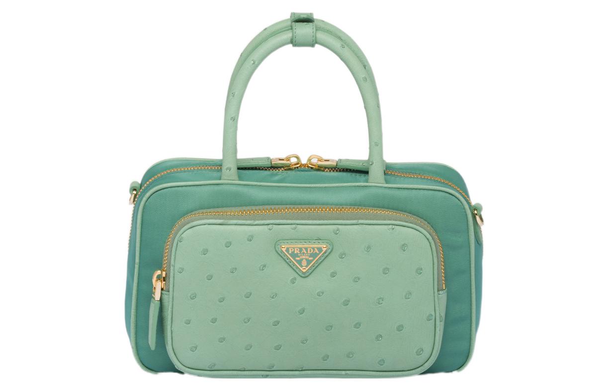 PRADA Recycled Nylon Ostrich Leather Handbag Women's Salvia Root Green