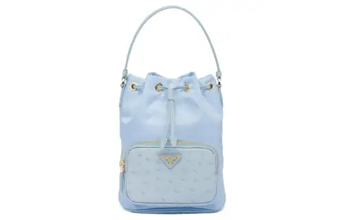 PRADA Recycled Nylon Ostrich Leather Shoulder Bag Women's Light Blue