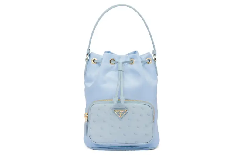 PRADA Recycled Nylon Ostrich Leather Shoulder Bag Women's Light Blue