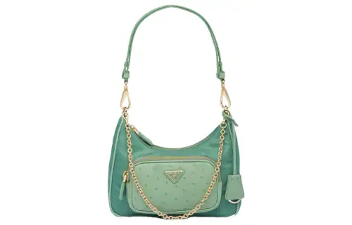 PRADA Recycled Nylon Ostrich Leather Shoulder Bag Mini Women's Salvia Root Green