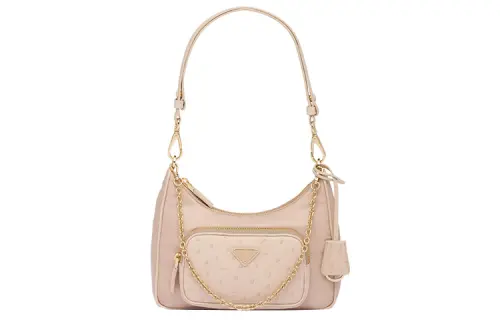 PRADA Recycled Nylon Ostrich Leather Handbag, Shoulder Bag Women's Light Camel