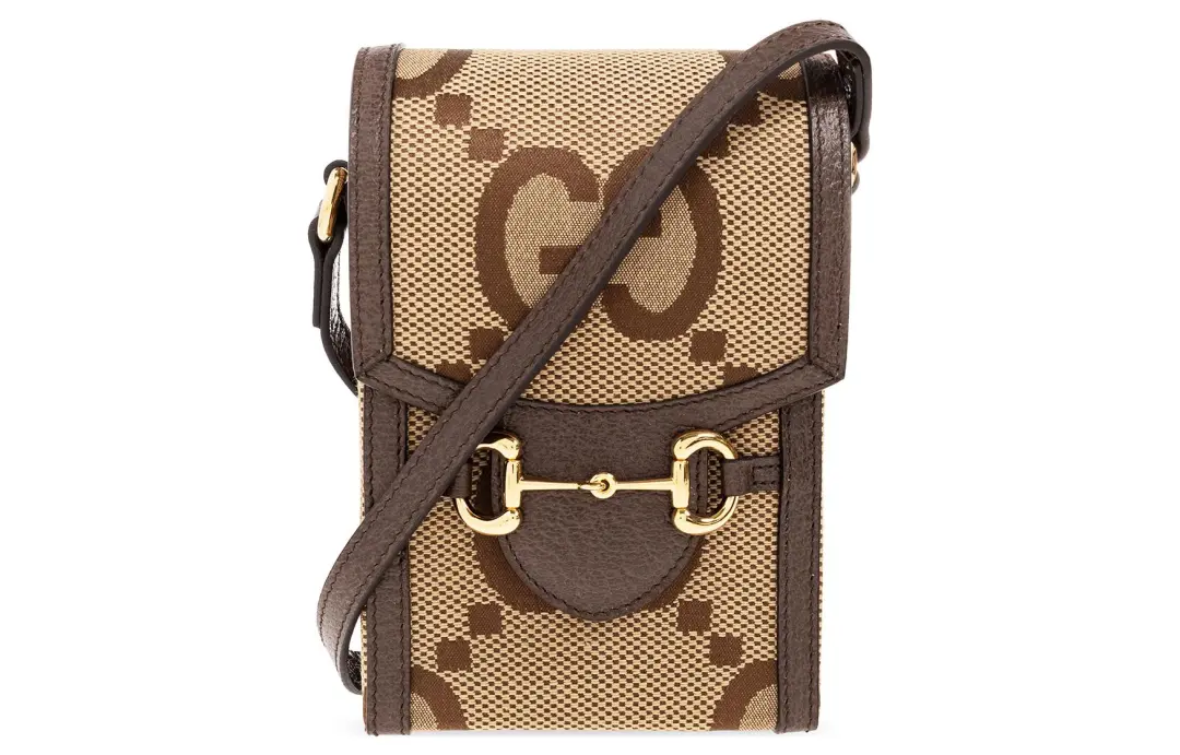 GUCCI Jumbo GG Canvas With Leather Shoulder Bag, Crossbody Bag Mini Unisex Camel & Ebony
