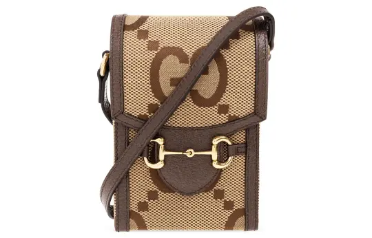 GUCCI Jumbo GG Canvas With Leather Shoulder Bag, Crossbody Bag Mini Unisex Camel & Ebony