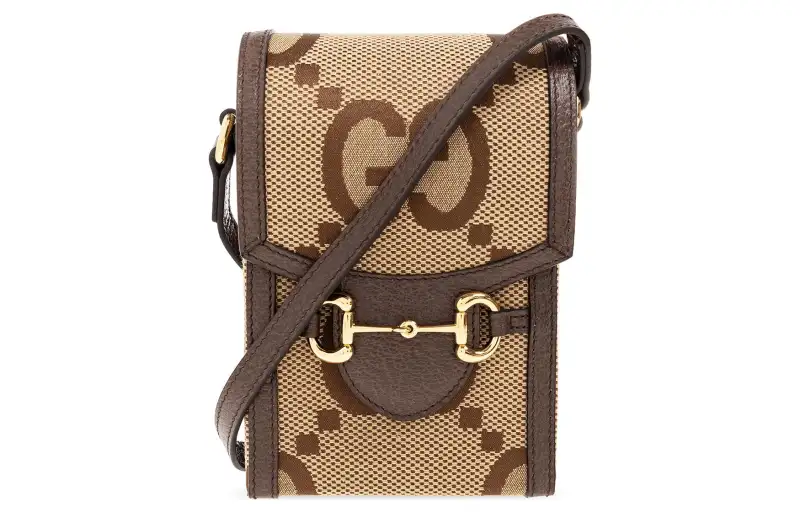 GUCCI Jumbo GG Canvas With Leather Shoulder Bag, Crossbody Bag Mini Unisex Camel & Ebony