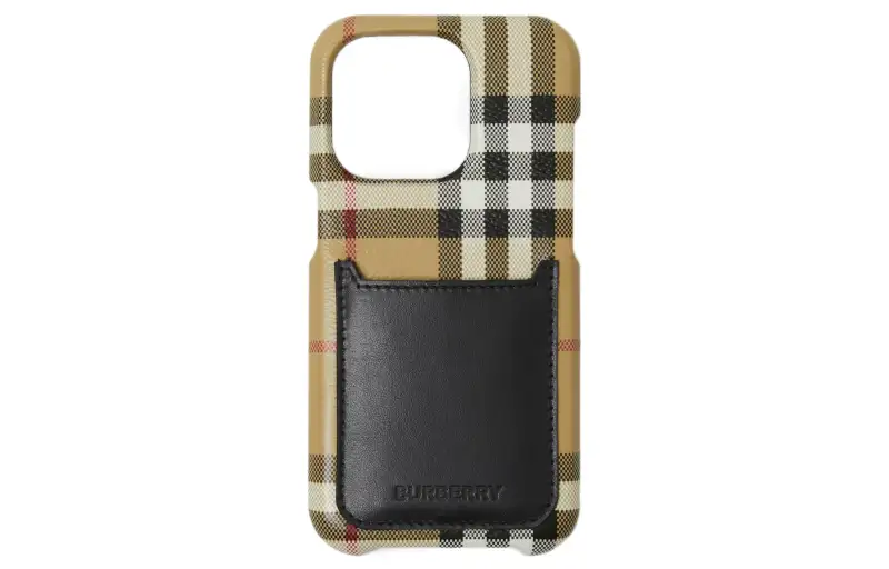Burberry Cotton With Cow Leather IPhone 14 Pro Cell Phone Protective Cover Bag Accessory Men's Archive Beige