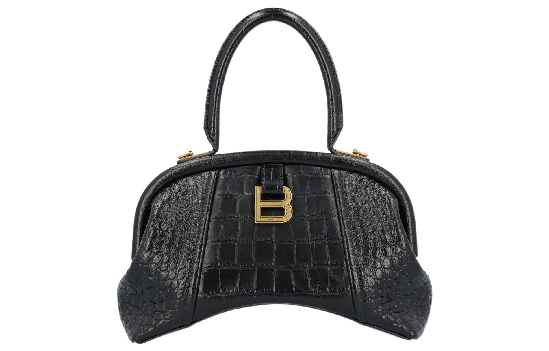 Balenciaga Balenciaga Classic Curved Base with Aged Gold B Logo Hardware Super Soft Crocodile Embossed Calfskin Hand-Hand Crossbody Shoulder Bag Small Women's Black