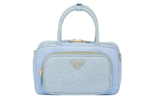 PRADA Recycled Nylon With Ostrich Leather Shoulder Bag, Crossbody Bag, Handbag Women's Light Blue