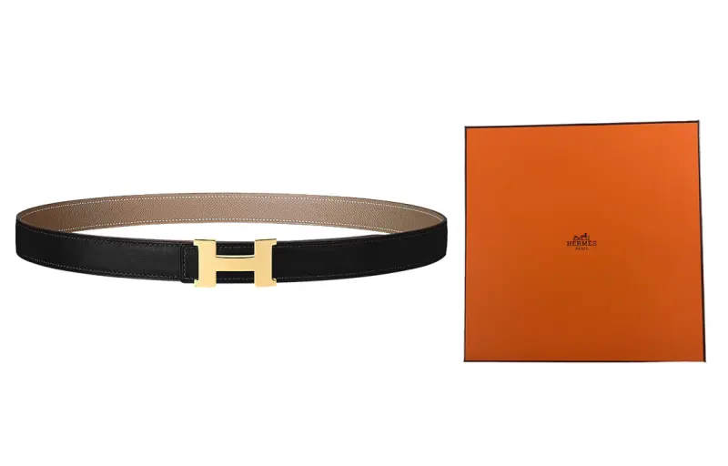HERMES Constance Cow Leather Belts Women's Black, Elephant Gray Width 2.4cm