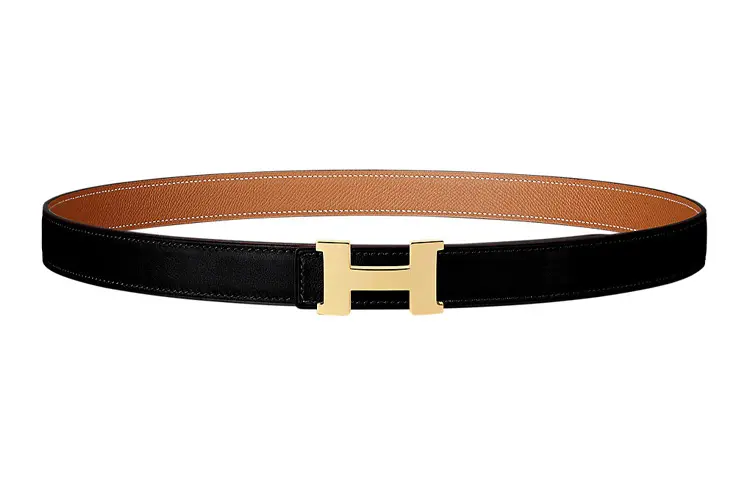 HERMES Constance Cow Leather Belts Women's Black Gold Width 2.4cm