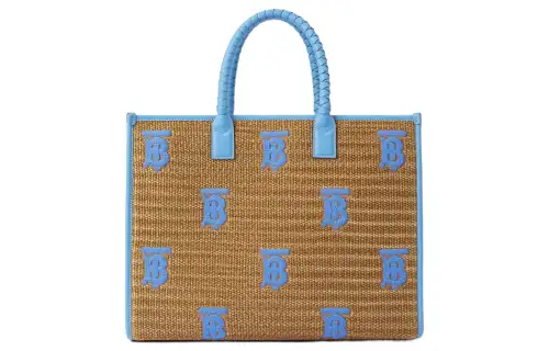 Burberry Freya Calfskin Tote Bag, Shopping Bag, Handbag Medium Women's Natural/Cool Cornflower Blue