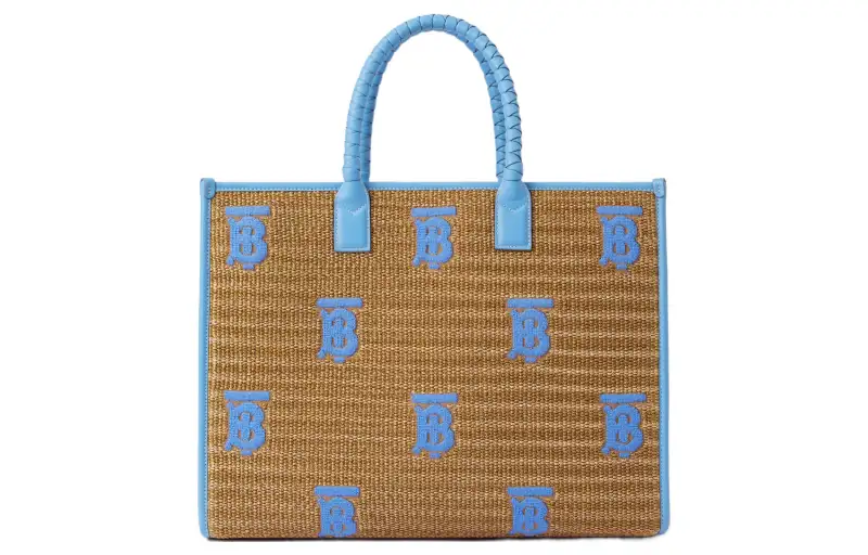 Burberry Freya Calfskin Tote Bag, Shopping Bag, Handbag Medium Women's Natural/Cool Cornflower Blue
