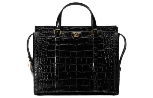 GUCCI Crocodile Leather Tote Bag, Shopping Bag, Handbag Medium Men's Black