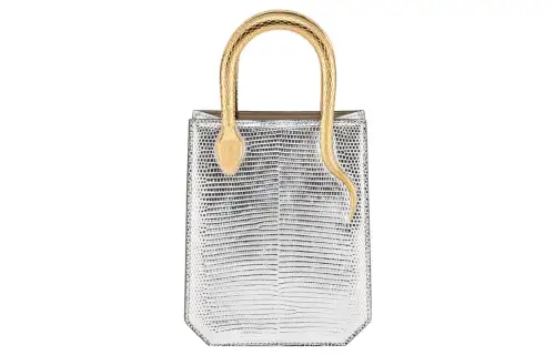 BVLGARI Serpentine Lizard Skin Tote Bag, Shopping Bag, Shoulder Bag, Crossbody Bag, Handbag Mini Women's Silver