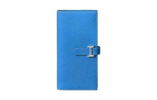 HERMES Bearn Silver Tone Buckle Epsom Calfskin Wallet Women's B3 Bleu Zanzibar Tanzanian Blue