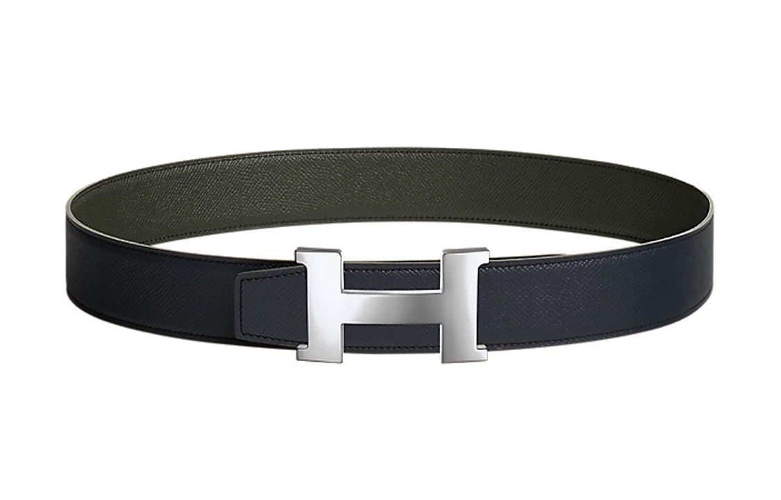 HERMES Constance Palladium plated Metal Leather Belts Men's Dark Blue Width 3.8cm