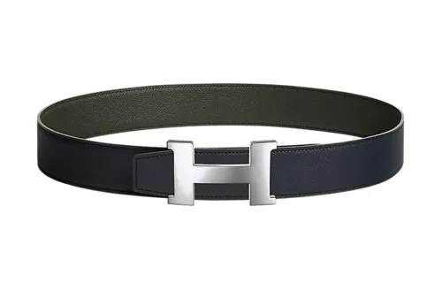 HERMES Constance Palladium plated Metal Leather Belts Men's Dark Blue Width 3.8cm