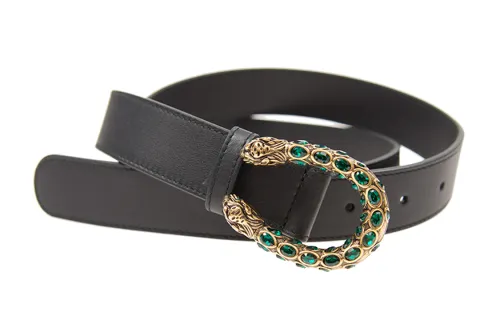 GUCCI Emerald Crystal Dionysus Buckle Leather Belt 1'W