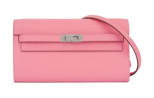 HERMES Kelly To Go Silver Tone Buckle Epsom Leather Crossbody Wallet Regular Women's 8W Rose Azalee Lipstick Powder