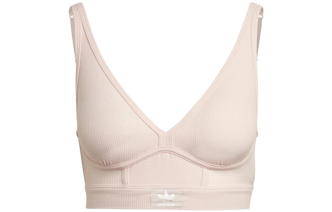 Adidas originals Clover Adicolor Flex Ribbed Cotton Two-Ply Plunge Brami Solid Color Logo Logo Double Strap Bra Steam Pink