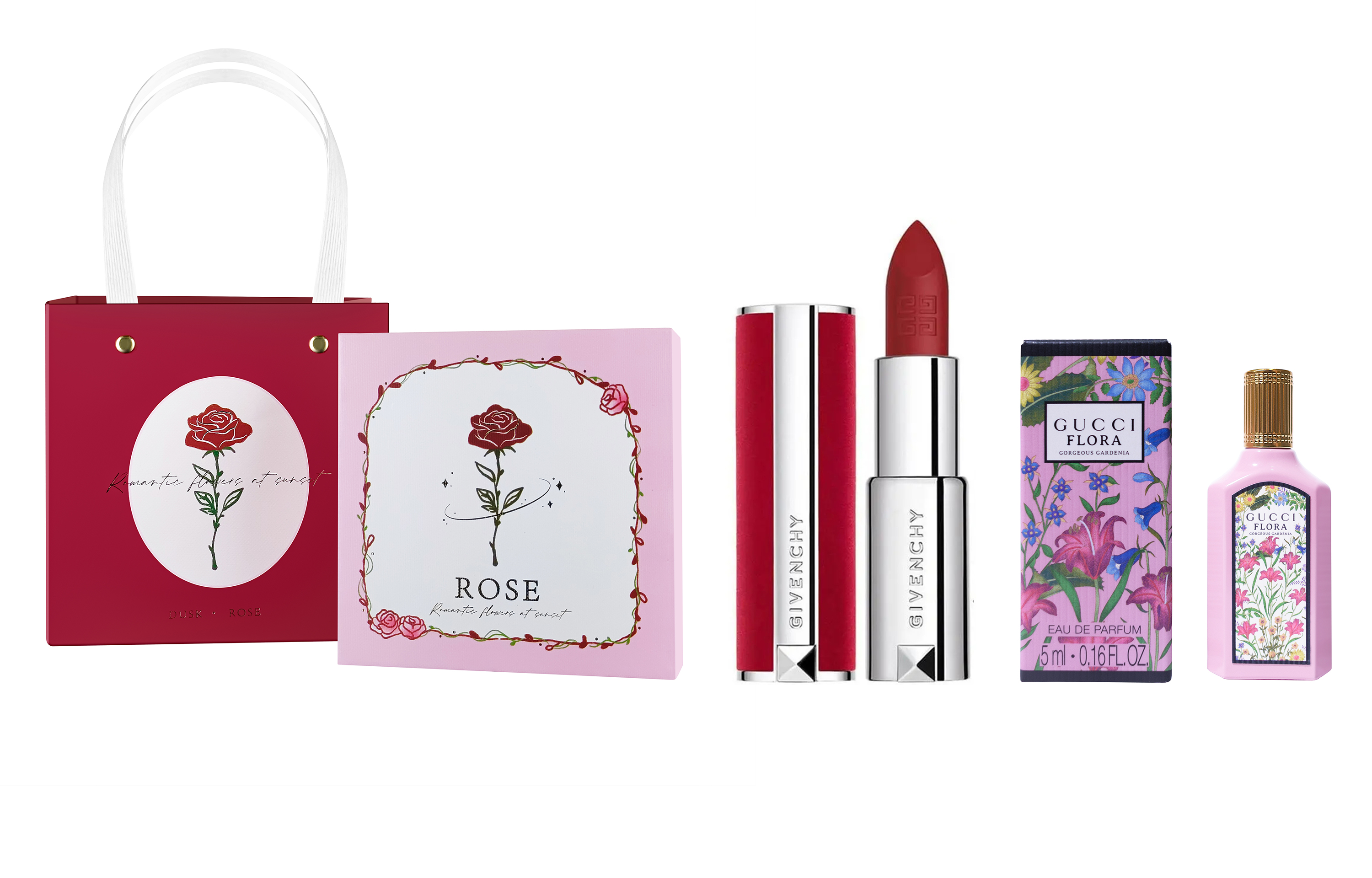 GIVENCHY Red Velvet/Vermicelli Velvet/Lambskin Lipstick Enhances Complexion Dream Gardenia Perfume + Rose Pink Romantic Gift Box
