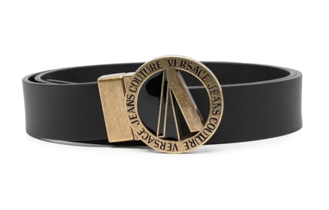 VERSACE JEANS COUTURE Double Sided Round Smooth Buckle Leather Belts Men's Black Width 3.5cm