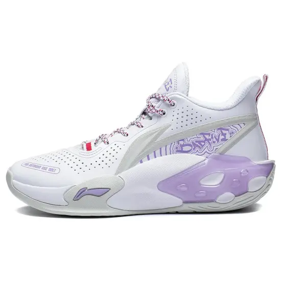 LiNing Badfive Storm V2 Cushioning Wear Resistant Slip Resistant Rebound Mid Top Basketball Shoes White Purple
