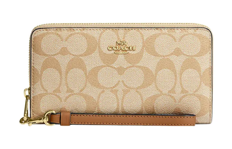 COACH Zip Around Canvas With Leather Clutch Wallet Small Women's Khaki