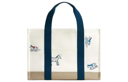 HERMES Cotton Canvas Bag, Diaper Bag, Tote Bag, Shopping Bag, Handbag Women's White & Marine Blue