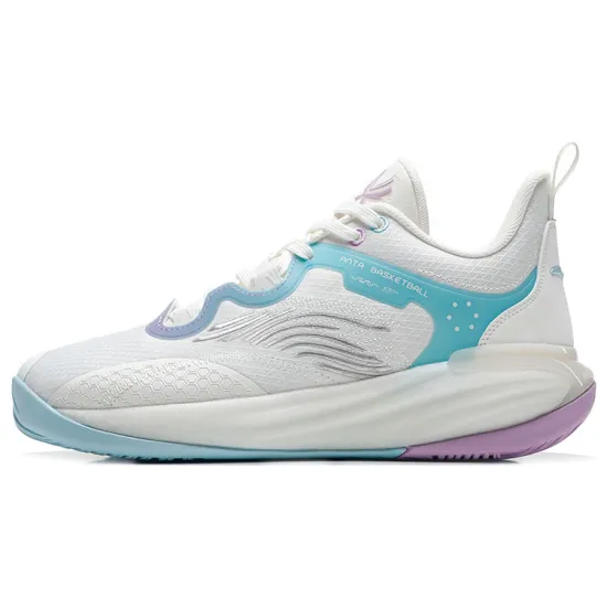 ANTA Basketball Shoes Men Low-Top Ivory White/Bright Purple/Pool Blue