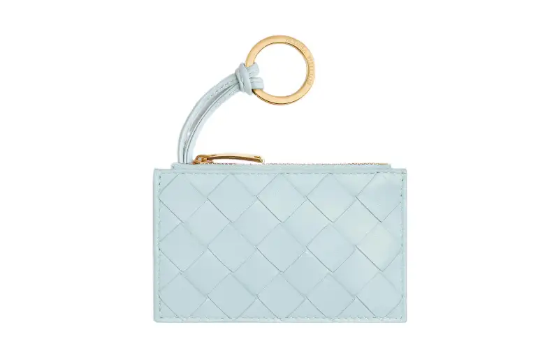 Bottega Veneta Sheepskin With Cow Leather Card Holder Key Pouch Women's Washed Water Duck Blue