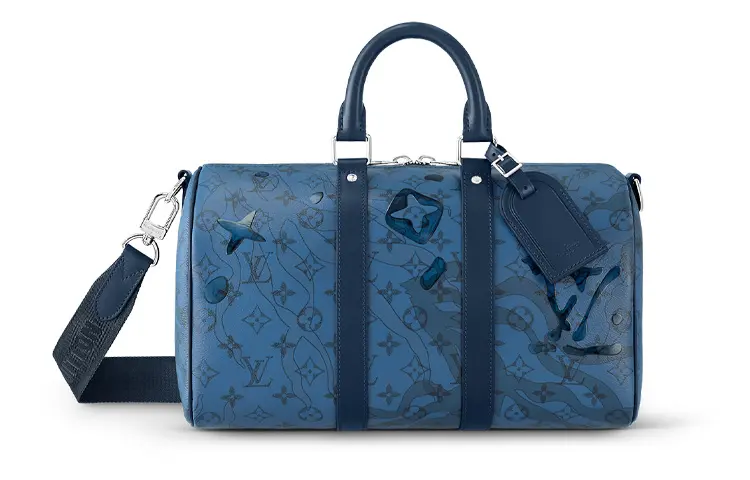 LOUIS VUITTON Keepall Coated Canvas With Cow Leather Trim Handbag, Shoulder Bag, Crossbody Bag Women's Blue