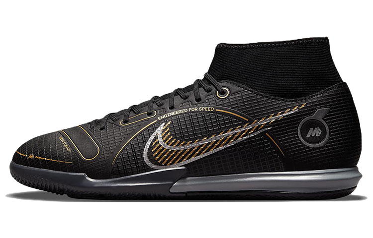Nike Mercurial Superfly 8 mid-top IC/IN indoor fabric shock-absorbing non-slip wear-resistant football shoes men's black gold