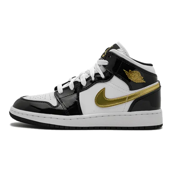 Jordan 1 Mid Patent Black White Gold GS