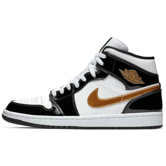 Jordan 1 Mid Patent Black White Gold