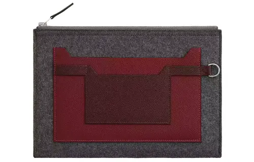 HERMES Toodoo Wool Felt, Epsom Calfskin Clutch Men's Mid Gray & Saddle Red