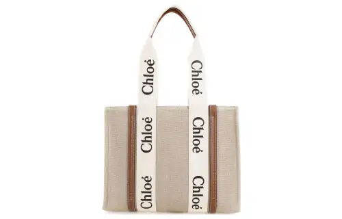 Chloé Woody Medium Logo Ribbon Tote Bag Handbag In Linen White/Brown